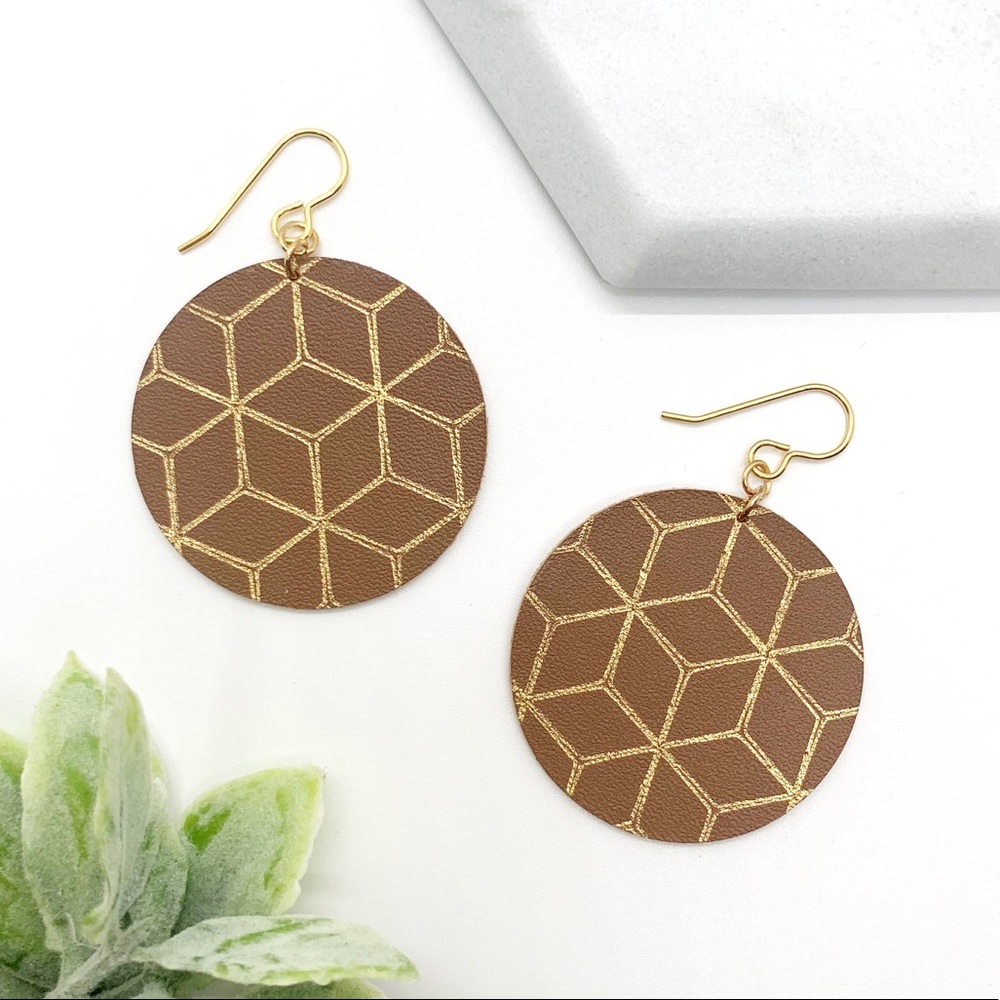 Handmade Round Genuine Leather Dangly Circle Earrings w/ Gold Geo Foil Design